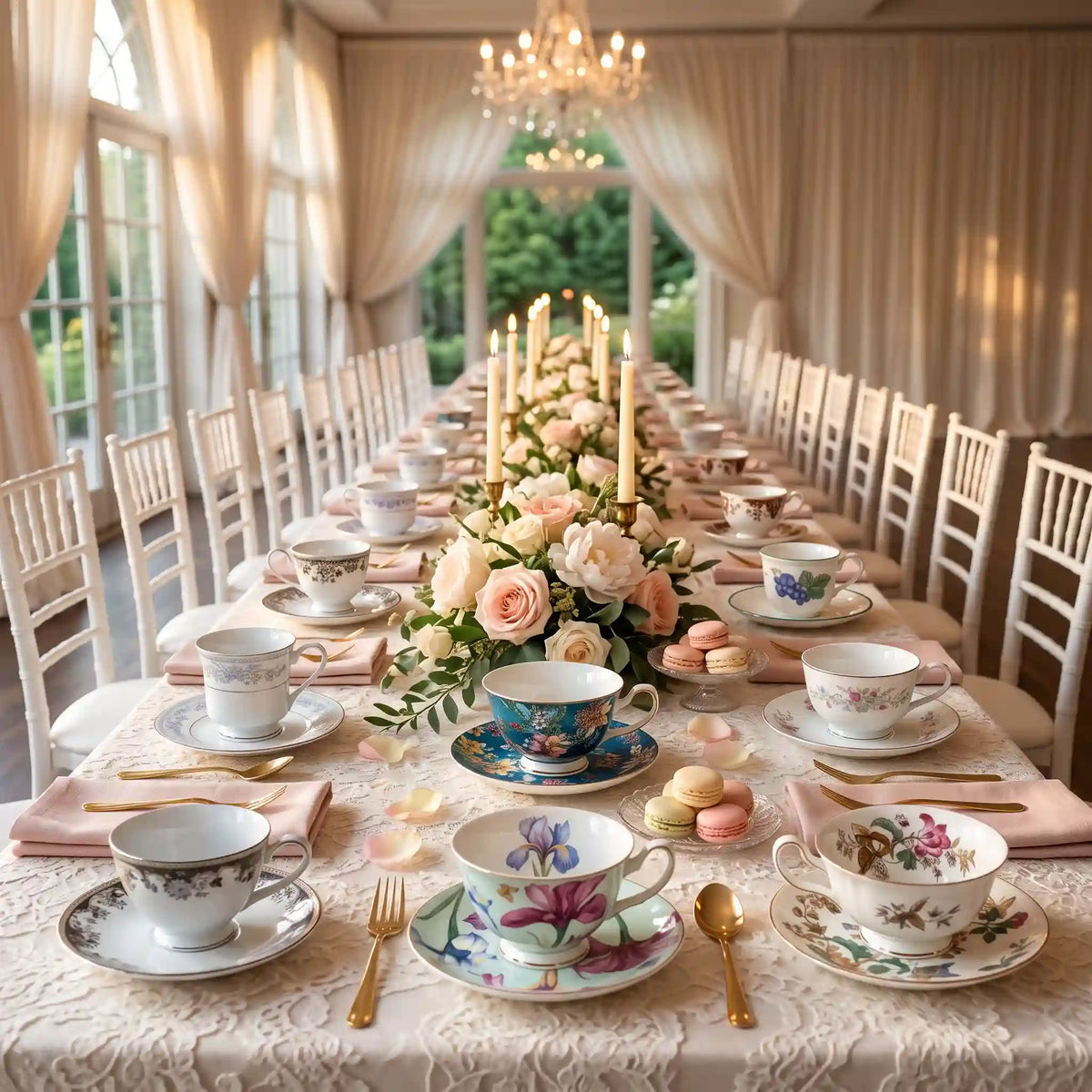 Tea party china rental table for a bridal shower with mismatched vintage teacups, blush roses, and candlelight
