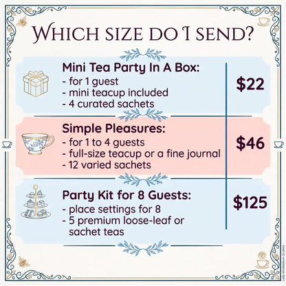 Guide comparing 3 tea party boxes by size and price: Mini for 1, Simple Pleasures for 1 to 4, Party Kit for 8