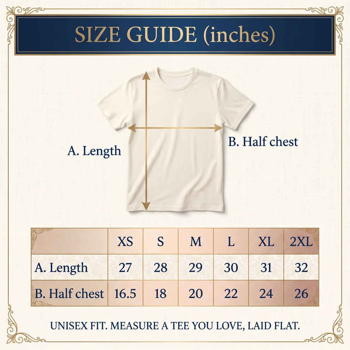 Size guide for the tea shirt showing length and half chest in inches, XS to 2XL
