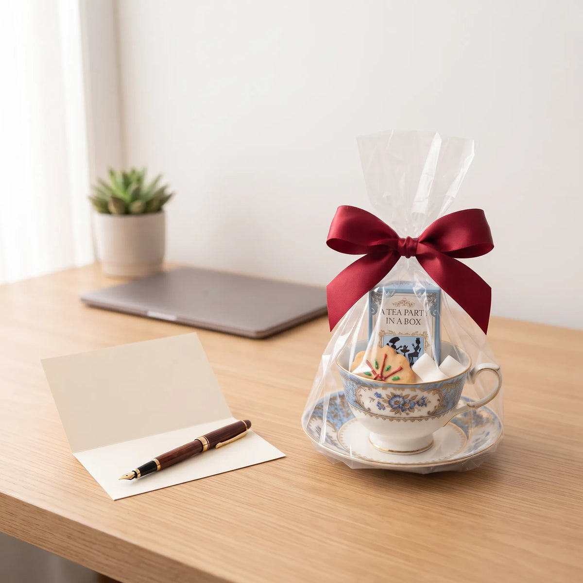 Teacup and saucer gift set with a red bow on a wooden desk beside a blank thank-you card and pen